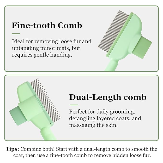 Pet Comb for Cats & Dogs, One-Touch Hair Release Button, Dense-Tooth & Mixed-Length Teeth 2-Piece Set, for Long & Short Hair, Gentle Pain-Free Design (Green)
