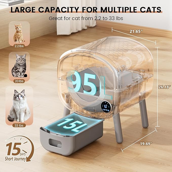 Self Cleaning Litter Box,Large Capacity Automatic Cat Litter Box Self Cleaning for Multiple Cats with App Control and Safety Protection,2 Roll Litter Bags,White