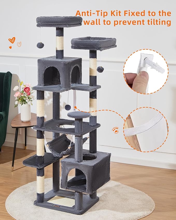 Taoqimiao Cat Tree, 68-Inch Cat Tree Cat Tower for Indoor Cats, Plush Multi-Level Cat Condo with 6 Scratching Posts, 2 Perches, 2 Caves,Hammock, 3 Pompoms,MS020SG Smoky Gray