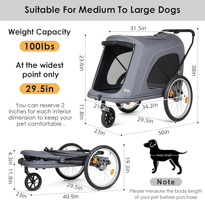 R8 Extra Large Foldable Pet Stroller, Dog Stroller & Pet Trailer for Large Dogs Under 100 lbs, Unmovable, Disabled & Pregnant Dogs - Conveniently Carriable by Bike and Car, Grey