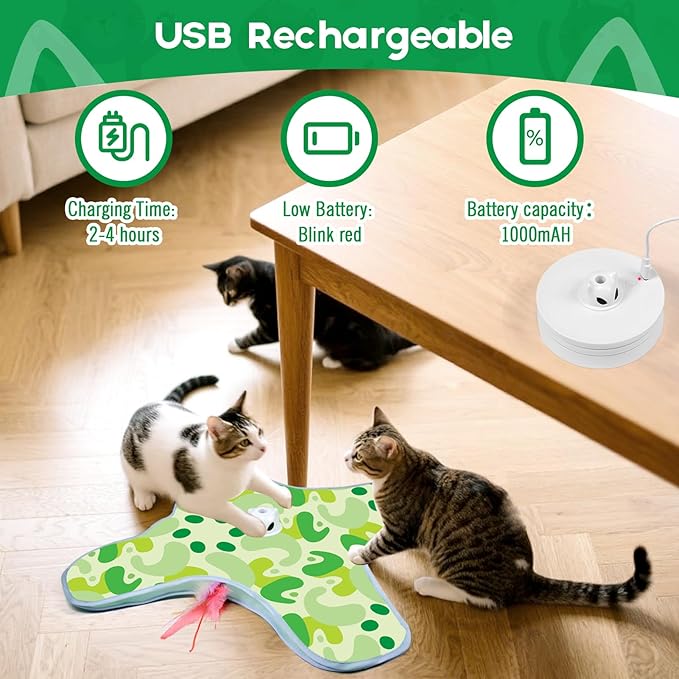 VIWIK Interactive Cat Toys for Indoor Cats, Hide and Seek Moving Feather Toy for Bored Adult Cats with Suction Cup & Cover, Automatic Kitten Wand Toy, Cat Enrichment Toys for All Breeds Green