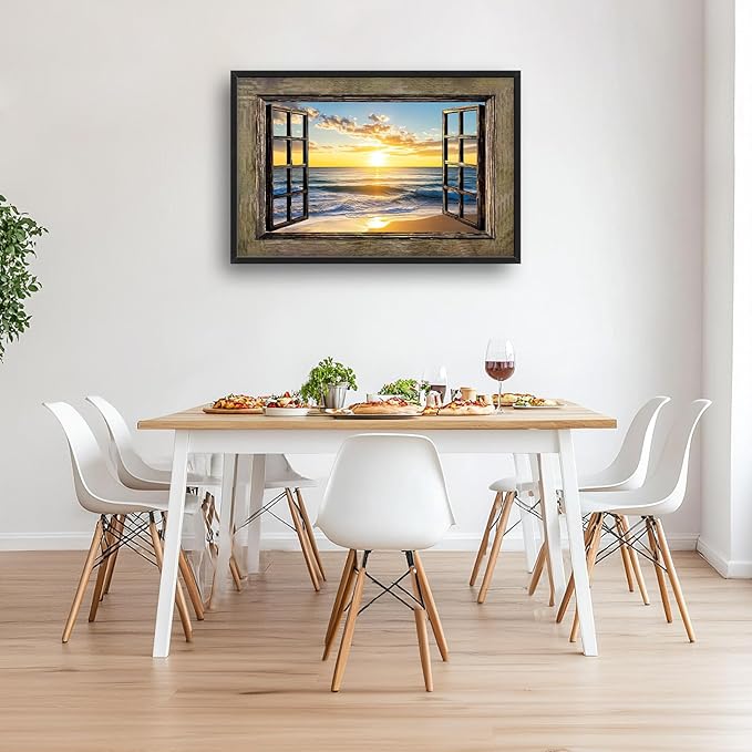 Beach Large Wall Art Sea Coastal Pictures Rustic Window Sunrise Wall Decor Canvas Print Painting Artwork for Bathroom Living Room Bedroom 36L" x 24W"