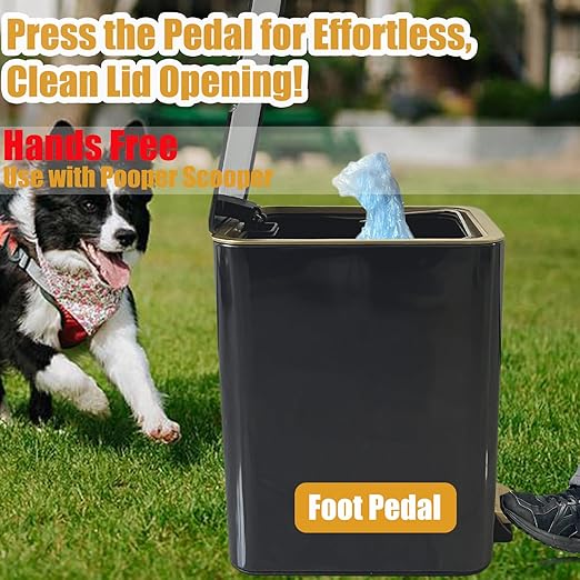 Dog Poop Trash Can Outside Stainless Steel - Metal Pooper Scooper Set - 12L Dog Waste Trash Can Outdoor with Pedal - Backyard, Yard - Removable Inner Bin, Long Handle Tray and Rake - Black and Gold