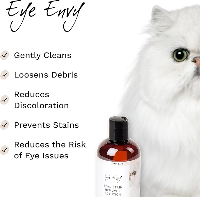 Eye Envy Tear Stain Remover Solution for Cats. 100% Natural, Safe. Treats The Cause of Stains. Recommended by Breeders, Vets, Groomers. Remove Eye Stains from Persians and Exotics. 4 oz. Made in USA