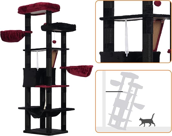 Heybly Cat Tree, 68 inch Multi-Level Cat Tower for Indoor Cats, 2 Widened Plush Perches Cat Condo with Scratching Board and Big Caves, Black and Red HCT025BR