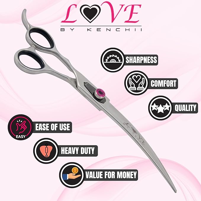 Kenchii Love Dog Grooming Scissors, 8 Inch Curved Shears, Dog Scissors for Grooming, Professional Pet Grooming Scissors