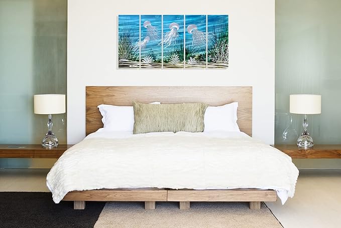 SYGALLERIER Coastal Metal Wall Art Handcrafted 3D Jelly Fish Aluminum Artwork Modern Sea World Pictures Contemporary Abstract Sculpture for Living Room Bedroom Bathroom Decor