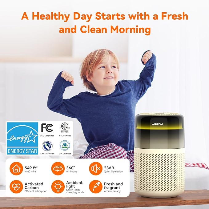 AIRROMI Air Purifier for Bedroom Home,HEPA Filter,Covers Upto 549 Ft²,Quiet 360°intake Air Cleaner with Fragrance ponge for Better Sleep,Night Light,Filters Smoke,Pet Dander,Allergies,Dust,A2005Yellow