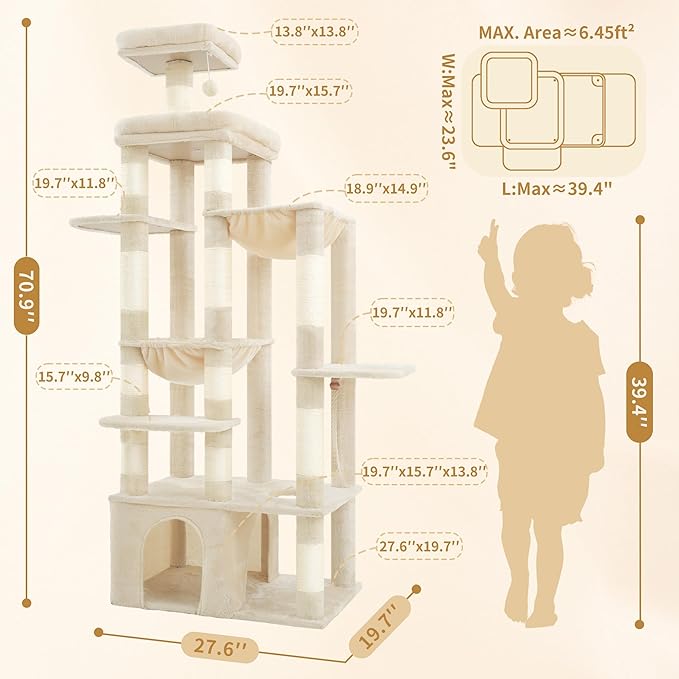 Heybly Heavy Duty Cat Tree, 71-Inch Tall Tower for Large Maine Coon with Extra-Large Baseboard, Cat Condo Furniture with Multi-Level Platforms, 2 Hammocks and 12 Scratching Posts, Beige HCT037M