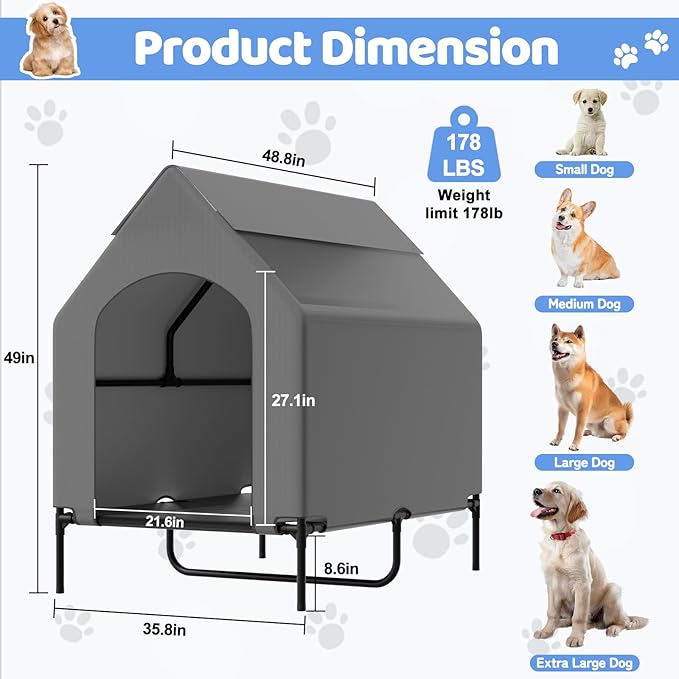 48” Extra Large Dog House-2-in-1 Extra Large Dog House with 8.5” Elevated Dog Bed-Weatherproof Waterproof Outdoor Dog House,Easy to Clean