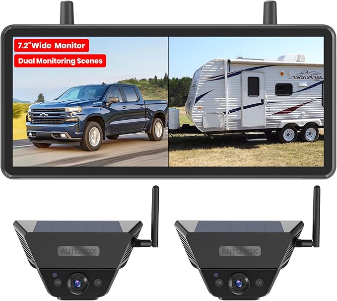 Solar Backup Camera Wireless for RVs and Trailers No-Installation - 7.2" HD 1080P Monitor,Dual Camera System, Strong Magnetic Scratch-Proof Rear View Camera for Trucks, Campers, SUVs, and Cars