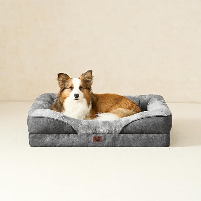 EHEYCIGA Memory Foam Dog Bed for Medium Size, Orthopedic Dog Sofa with Sides and Waterproof Liner, Washable Bolster Pet Couch with Removable Cover, 35x22x6.5 Inch, Grey