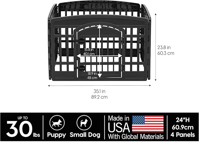 IRIS USA 24" 4-Panel Dog Playpen with Door, 35 x 35 x 24, Puppy Playpen, Dog Play Pen Indoors, Pet Fence, Puppies/Small Dogs, Black