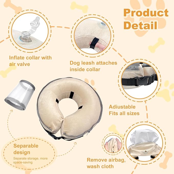 Dog Cone Collar with Enhanced Anti-Licking, Inflatable Dog Cone After Surgery, Adjustable Size with Soft Padding for Small Medium Large Dogs - Pale Yellow/M+