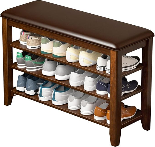 Entryway Shoe Storage Bench with Leather Cushion, Shoe Organizer Bench for Entryway, Ideal for Hallways Front Doors Entrances Mudrooms Featuring Rubberwood And 3 Height-Adjustable and Removable Shelve
