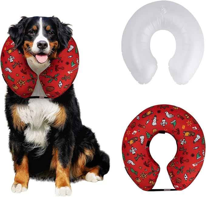 CuteBone Inflatable Dog Cone with Removable Soft Fleece Covers for Small/Medium/Large Dogs and Cats Neck Donut Collar After Surgery GWB07L