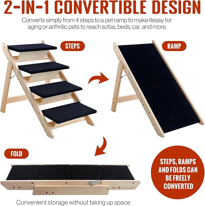 Wood Dog Stairs/Pet Steps, 2-in-1 Foldable Wooden Pet Ramp with Non-Slip Pet Stairs for Small to Medium for Bed,Sofa, Couch, Car, Indoor Pet Dog Cat 4 Steps Stairs Ladder Up to 110 Pounds