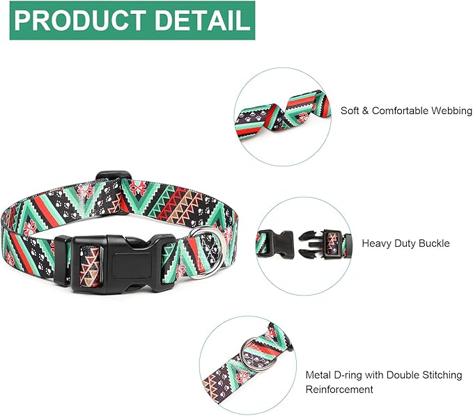 Mercano Adjustable Dog Collar - Special Design Patterns, Soft Nylon Comfortable Durable Pet Collar for Small Medium Large Dogs (M, Ethnic Green)