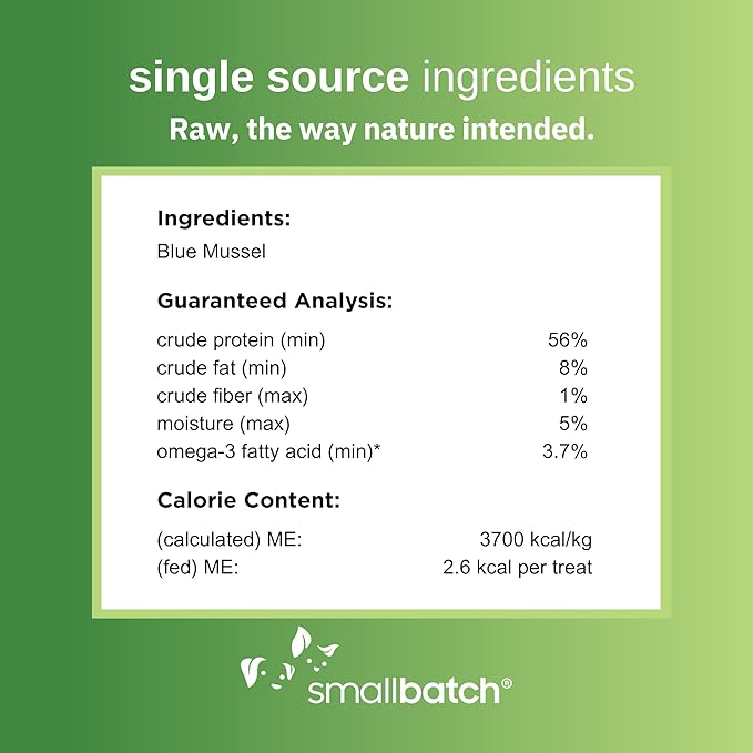 smallbatch Pets Freeze Dried Cat & Dog Treats, 2oz - 100% Blue Mussels, Organic High Protein Treats, Omega 3 Fatty Acids, Gluten Free, Grain Free, Made in The USA, Ethically Sourced, Single Protein