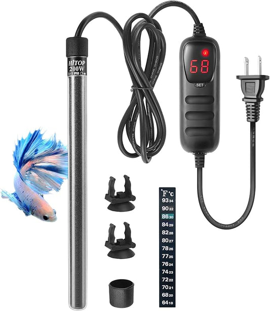 HITOP Compact Submersible Aquarium Heater - 200W Digital Heater for Fish Tank Turtle Tank 25-50 Gallon, Saltwater and Fresh Water with Temperature Controller
