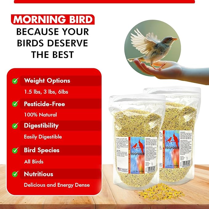 Morning Bird Eggfood 3 lbs (2-Pack, 1.5 lbs Each) – Protein Food with Essential Amino Acids, Vitamins & Minerals – Supports Growth & Feather Health – Ideal Bird Seed for Breeding and All Bird Types