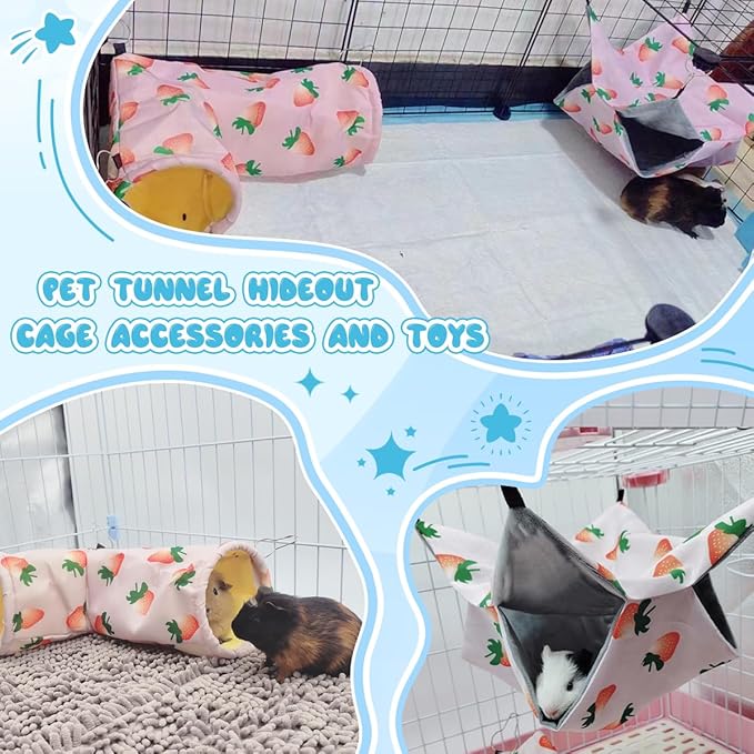 Large Caliber Guinea Pig & Rat Tunnel Hideout & Hammock, Corner Hideout Toy for Guinea Pig, Ferret, Hedgehog & Piggy to Hide and Shuttle (2. Hammock&Tunnel-Strawberry)