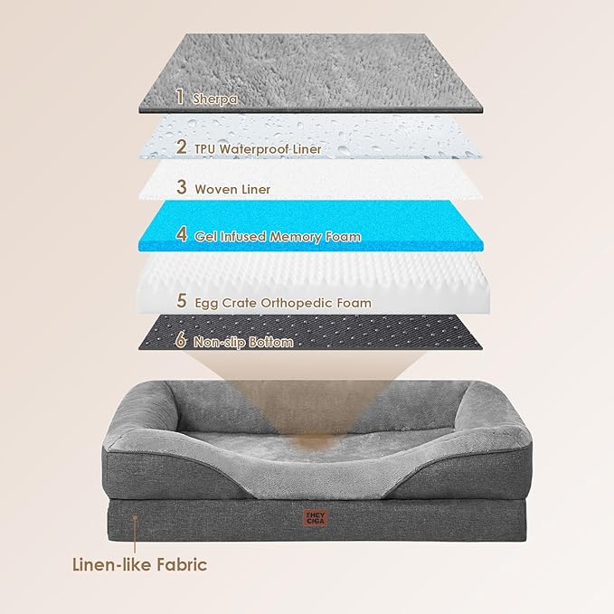 EHEYCIGA Memory Foam Dog Bed for Large Sized, Orthopedic Dog Sofa with Sides and Waterproof Liner, Washable Bolster Pet Couch with Removable Cover, 41x27x7.5 Inch, Grey