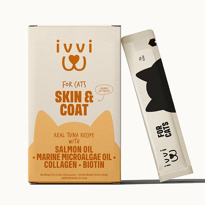 ivvi Skin & Coat for Cats – Functional Creamy Snack with Salmon Oil, Algae Oil, Zinc, Collagen & Biotin – Supports Skin and Fur Health – 30 x 0.53 oz Sachets – with Real Tuna