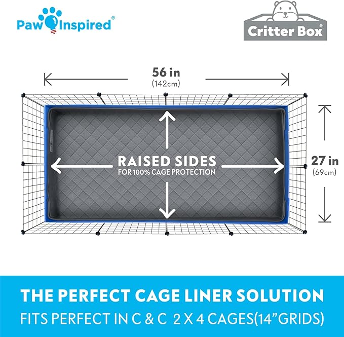 Paw Inspired Critter Box Washable Cage Liner, Reversible Fleece Bedding with Raised Sides for Guinea Pigs and Other Small Animals (C&C 2x4 (14" Grids), Gray/Pink)