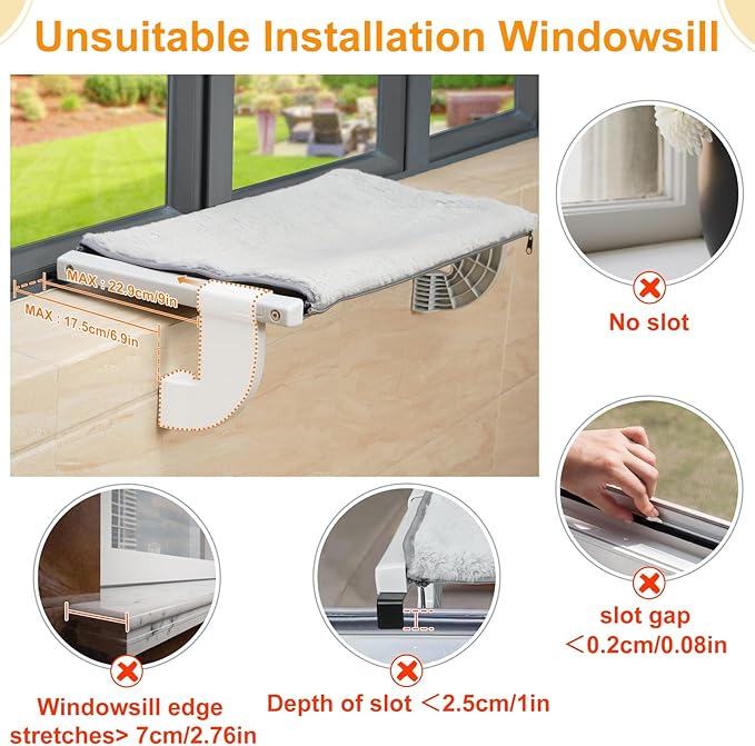 Sunhoo Cat Window Perch Hammock Kitty Bed for Windowsill Bedside Large Cats Shelf Seat inside with Adjustable Ledge Sturdy Removable Cover Easy Assembly No Suction No Drill Hold 40lbs 26.54*13.58in(L)