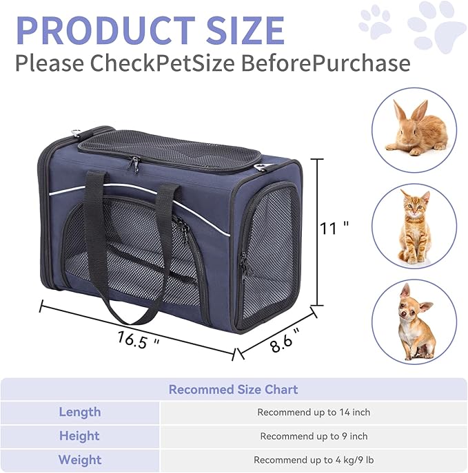 ‌Petsfit Airline Approved Pet Carrier for Small Cats, 16.5x8.6x11 TSA Approved Carrier, with Removable Dual-Sided Padding (2-Way Placement) - Fits Under Most Airplane Seats, Escape Proof (Navy)