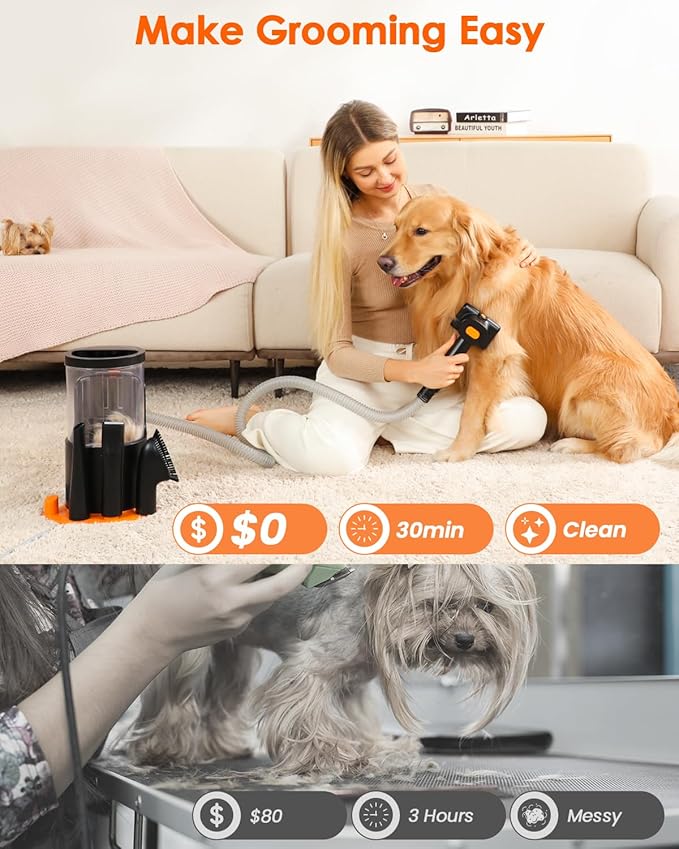 Dog Grooming Vacuum, 4.5L Extra-Large Dust Cup Dog Grooming Kit, 14000Pa High-Suction Pet Groomer with Clippers, Low-Noise All-in-One Shedding Control Set for Home Use