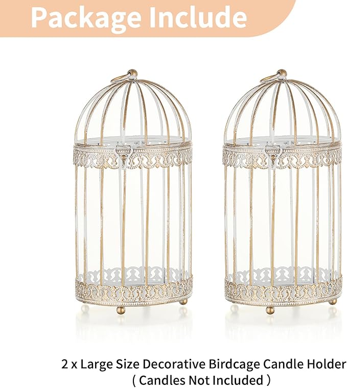 NUPTIO Decorative Bird Cage Lantern: 2 Set of 10 inch Tall Rustic White Birdcage Lanterns Centerpiece Vintage Decorating Metal Pillar Candle Holder for Christmas Bridal Shower Party Decor