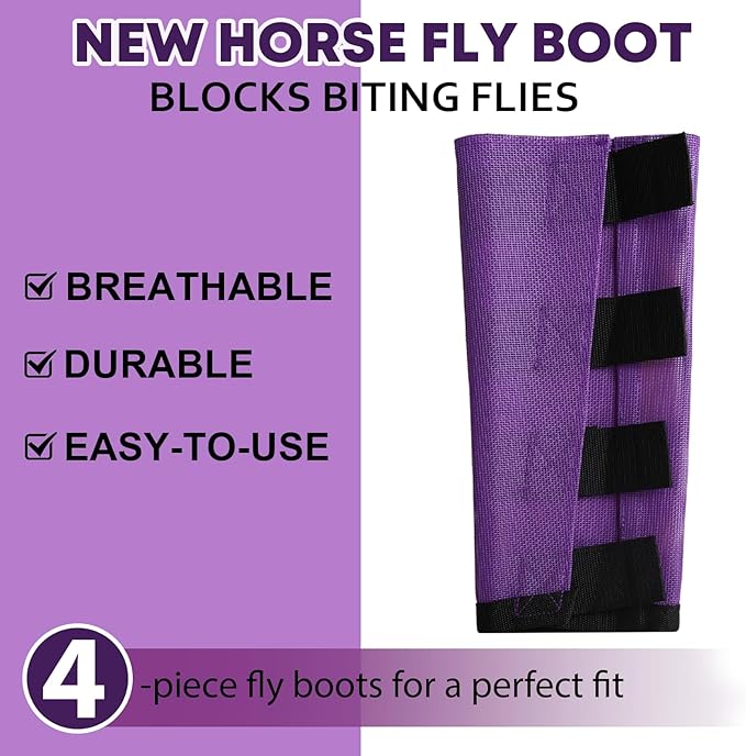 Premium 4-Pack Horse Fly Boots & Leggings Loose-Fit Fine Mesh with Stay-On Fasteners, Support Strips & Anti-Stomp Design Breathable Non-Slip Protection Leg Wrap (Large) Lavender Purple
