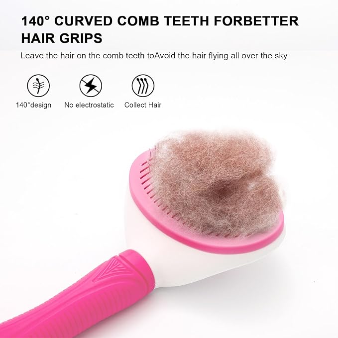 Self Cleaning Slicker Brush for Pet Grooming - Removes Loose Undercoat and Sheds, Suitable for Long and Short Hair Cats and Dogs, with Massaging Bristles (Pink)