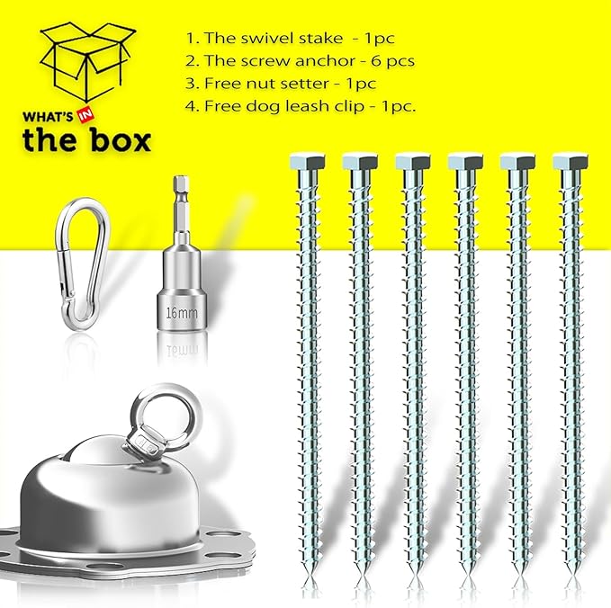 360° Swivel Dog Tie Out Stake with Upgrade 6 Screw Dog Anchors, Heavy Duty & Rust Proof Dog Stake Can Holds 1000Lbs of Pull Force, Up to 150lbs Dogs Perfect to Camping Yard Outdoor (Silver)