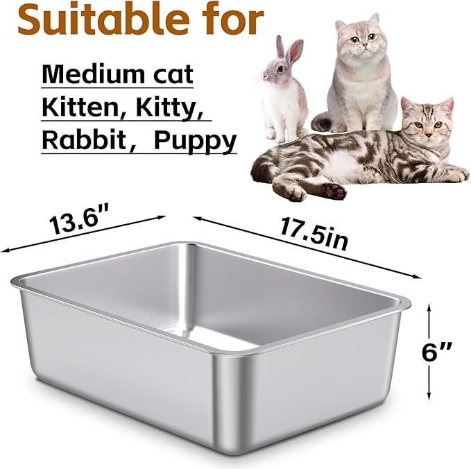 Stainless Steel Cat Litter Box,Metal Litter Box,Cat Litterbox for Kitten, Kitty, Rabbit, 6" High Side Cats Litter boxs,Large Stainless Steel LitterBox, No Smell,Non Stick,Easy to Clean