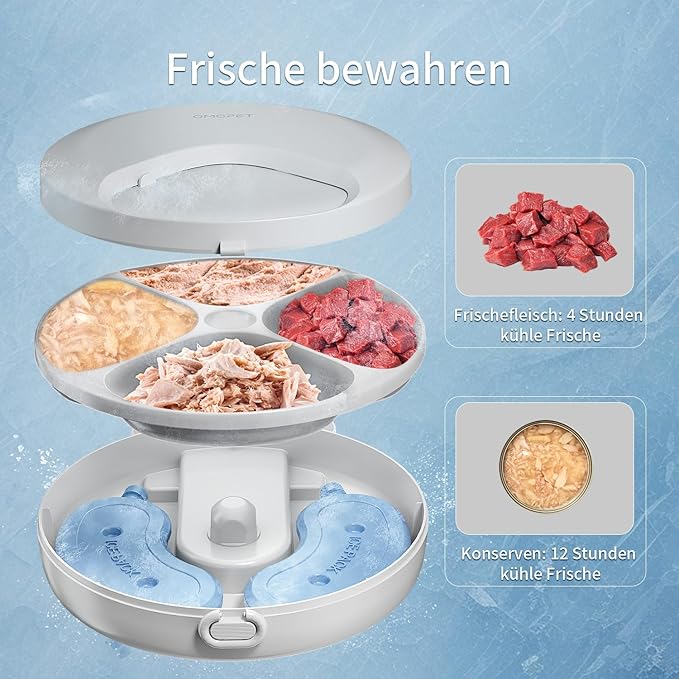 Automatic Cat Feeder Wet Food, Whisker-Friendly Automatic Cat Food Dispenser True 4-Meal Design with Locking Lid, Smart Timer Feeder for Wet Cat/Dog ，2-Ice Packs, Easy to Clean (White-1)