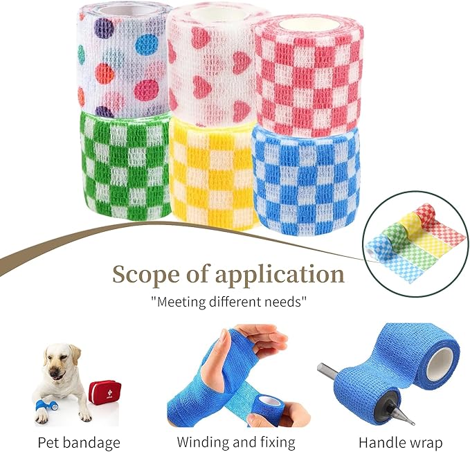 Pet Bandage 6 Rolls, Adhesive Bandage, Self Adhesive Bandage, First Aid Adhesive Gauze, for Horses, Dogs,Cats, Birds, Animals (Checkered, 2 Inch (Pack of 6))