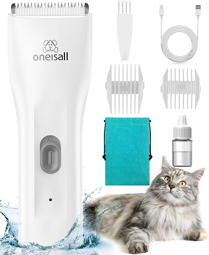 oneisall Pet Clipper for Cat Matted Hair, Pet Shaver for Cats Quiet Pet Clippers Waterproof Cordless Cat Clippers for Matted Hair Long Hair with Storage Bag (White)