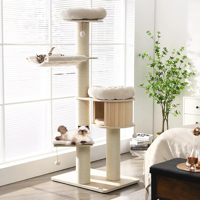 Tangkula Modern Cat Tree, Multi-Level Large Cat Tower with Condo, Hammocks & Hanging Basket, Tall Cat Tree with Sisal Posts, Washable Cushions, Wood Cat Trees and Towers for Indoor Large Cats