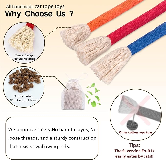 Retro Shaw Cat Toys Chew Ropes, Catnip Rope Toys for Indoor Cats Kitten, Safe Cat String Kitten Chew Teething Toy Kitty Nip Kicker - Pack of 3, 23.6 Inches