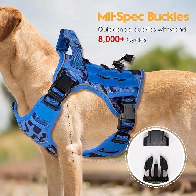 Heavy-Duty Tactical Dog Harness for Large Dogs, No Pull Adjustable Reflective Pet Vest with Molle System, K9 Military-Grade Control for Service Training, Outdoor & 10+ Breeds, Blue Camo, Medium
