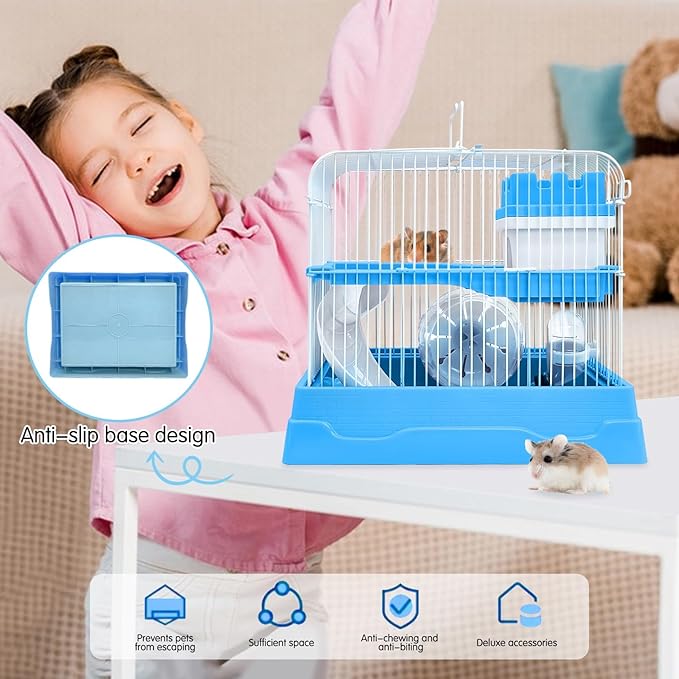 PINVNBY 2-Tier Dwarf Hamster Cage, Travel Portable Mouse Cage Gerbil Cages and Habitats Small Animal Carrier with Castle House Running Exercise Wheels, Water Bottle and Food Dish(Gray)