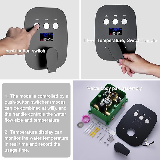 Matte Black Shower System Set Temperature Display Push Button Shower Faucet with 12 inch and 8 inch Wall Mount Full Body Shower Head and Handheld Shower