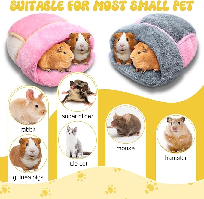Wenqik 2 Pcs Guinea Pig Bed Cuddle Warm Hideout Small Animal Sack Cozy House Bedding Sleeping Cushion Portable Pet Carrier Cage Nest for Rabbit Hamster Rat (Gray, Pink,Plain)