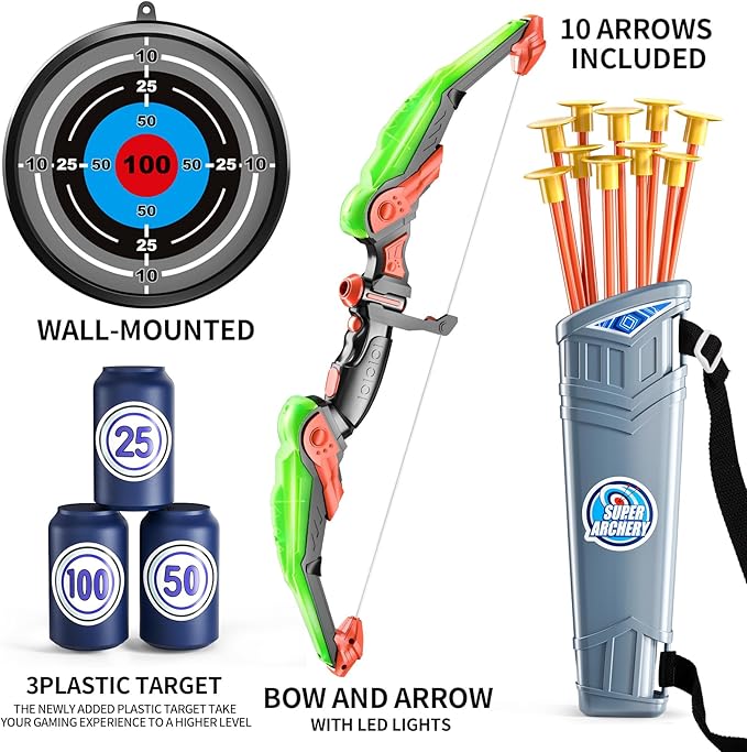 TEMI Bow and Arrow Set for Kids - Archery Toy Set - LED Light Up with Suction Cup Arrows, Target & Quiver, Indoor and Outdoor Toys for Children Boys Girls