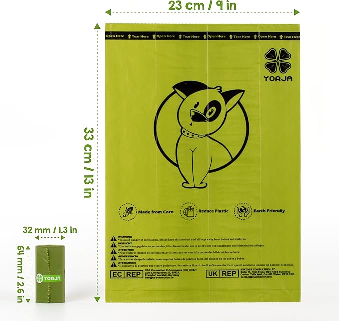 YORJA Dog Poop Bags Rolls, 360 Pet Waste Bags, 100% Leak Proof Extra Thick and Strong Corn Starch Blend