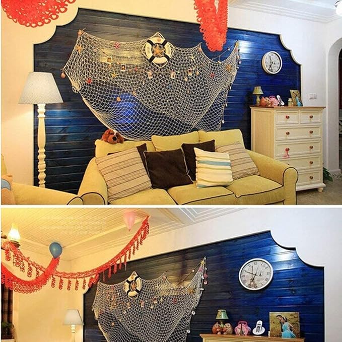 Nature Fish Net Wall Decoration with Shells, Ocean Themed Wall Hangings Fishing Net Party Decor for Pirate Party,Wedding,Photographing Decoration (2pack-Beige/Beige)