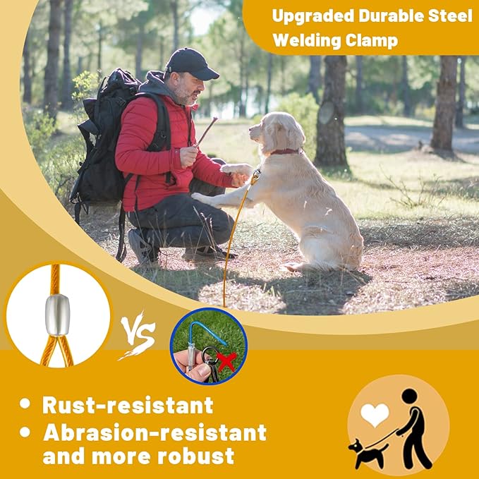 Dog Tie Out Cable 10/15/20/25/30 FT Runner for Yard Steel Wire Cable with Durable Superior Clips Yellow Chains for Outside Dog Lead for Large Up to 165 Lbs